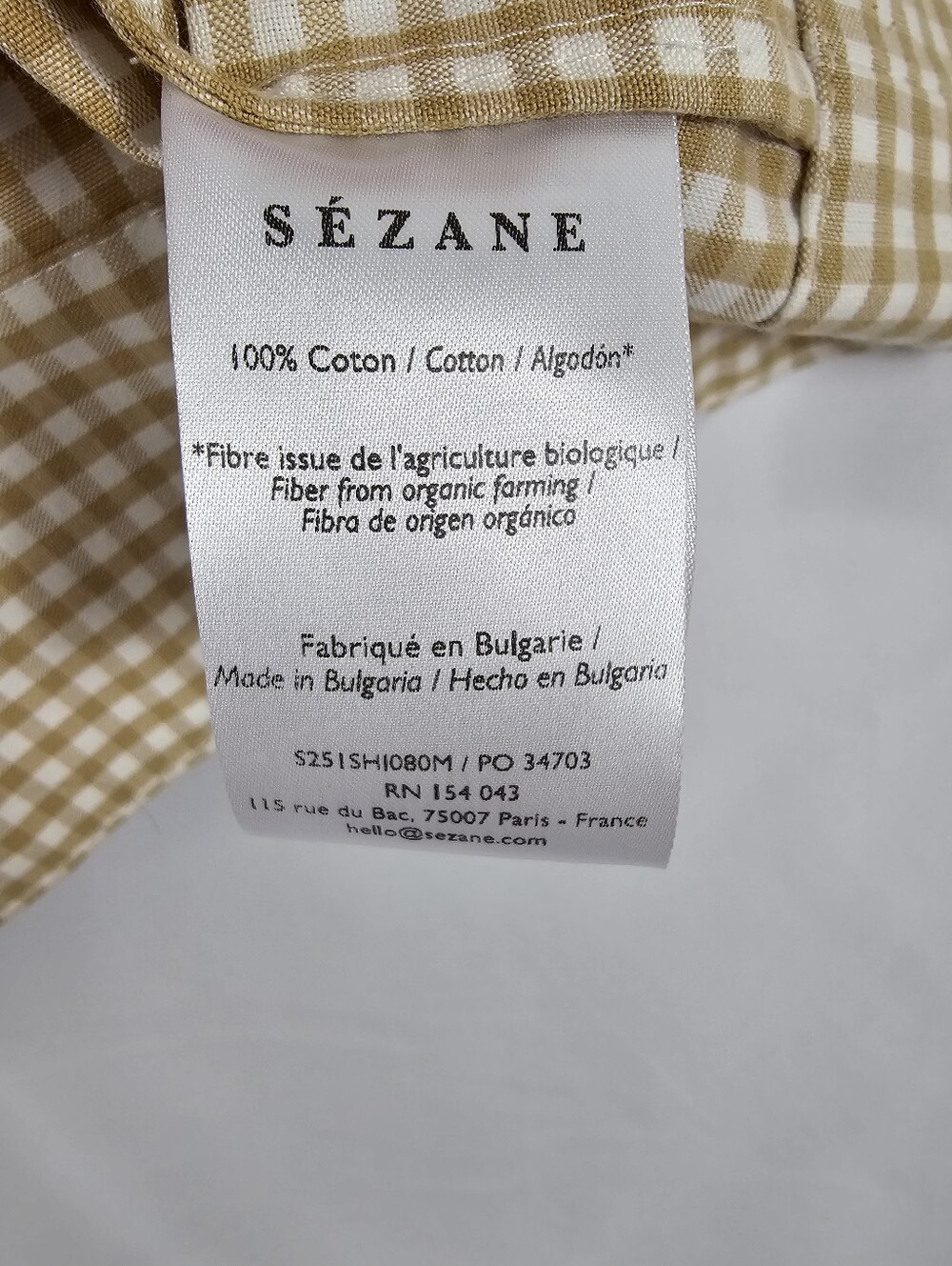 NWT Sezane Kairo Shirt in Dark Beige and Ecru Gingham - Size 8 - Picture 7 of 8